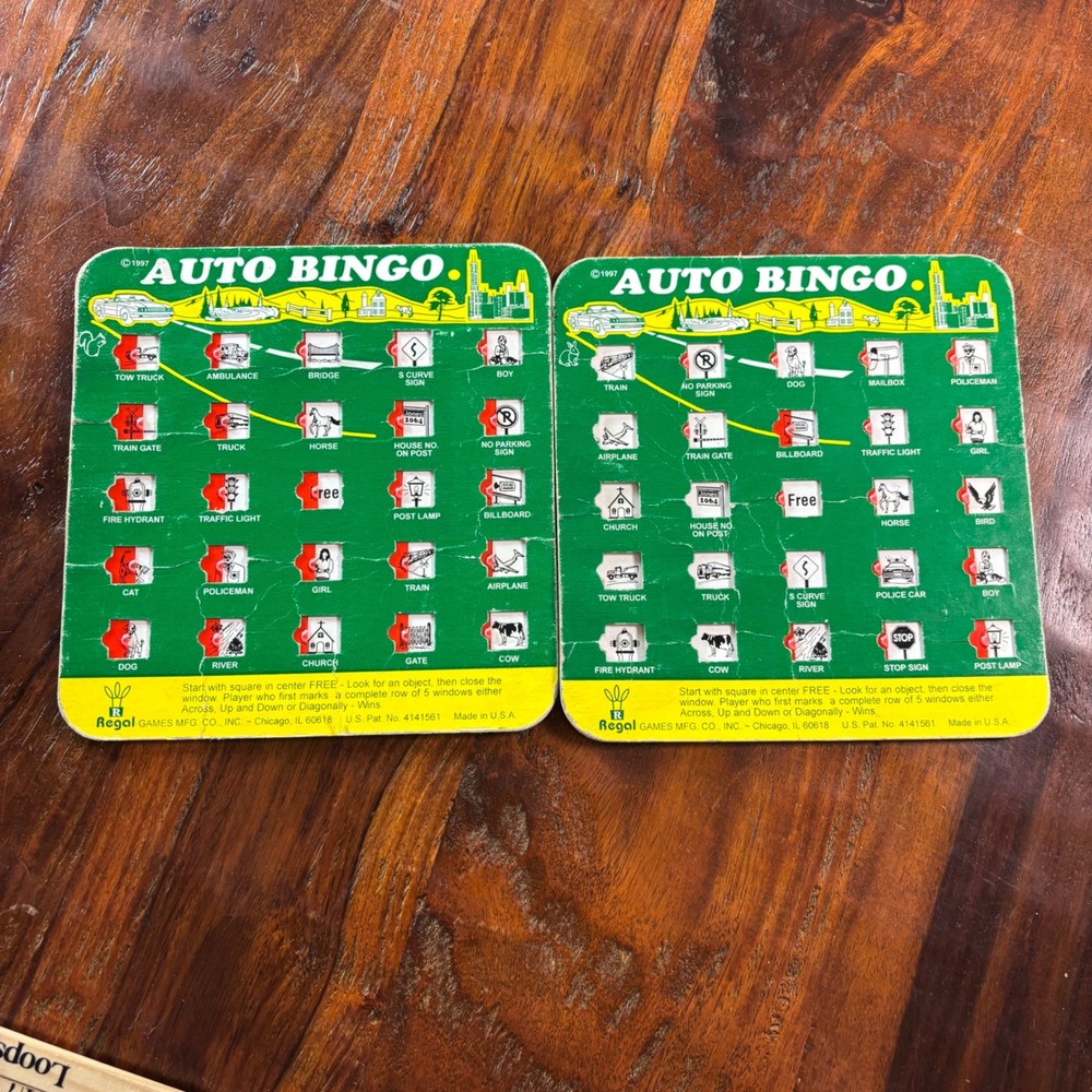Vintage Regal Games Auto Bingo Set of 2 Travel Road Trip Shutter Cards 1997